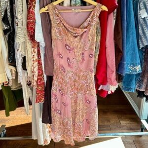 Lily Made in USA Vintage Pink Paisley Cowl Neck Dress – 90s Rayon Floral (Small)